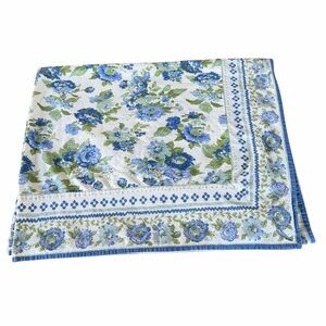 April Cornell Blue Green Floral Flower Block Tablecloth Cotton Farmhouse 59x96